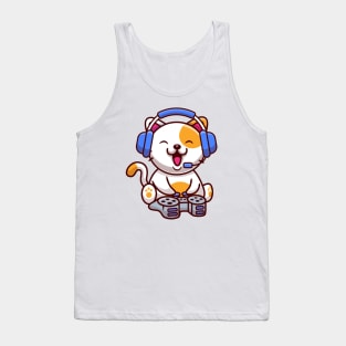 Cute Cat Gaming With Headphone And Console Tank Top